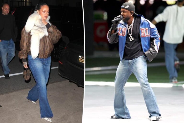 Rihanna takes Kendrick Lamar’s Tremendous Bowl 2025 Celine flare denims for a spin