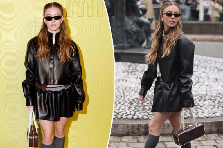 Sydney Sweeney pairs leather-based miniskirt look with leg heaters at Paris Vogue Week
