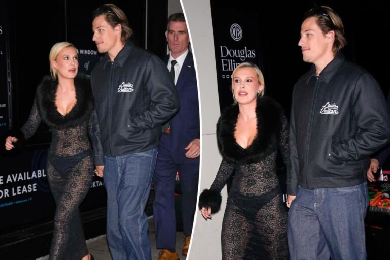 Millie Bobby Brown wears sheer black lace and fur in New York Metropolis