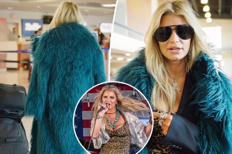 Jessica Simpson goes glam on the airport in cheetah print and blue fur coat