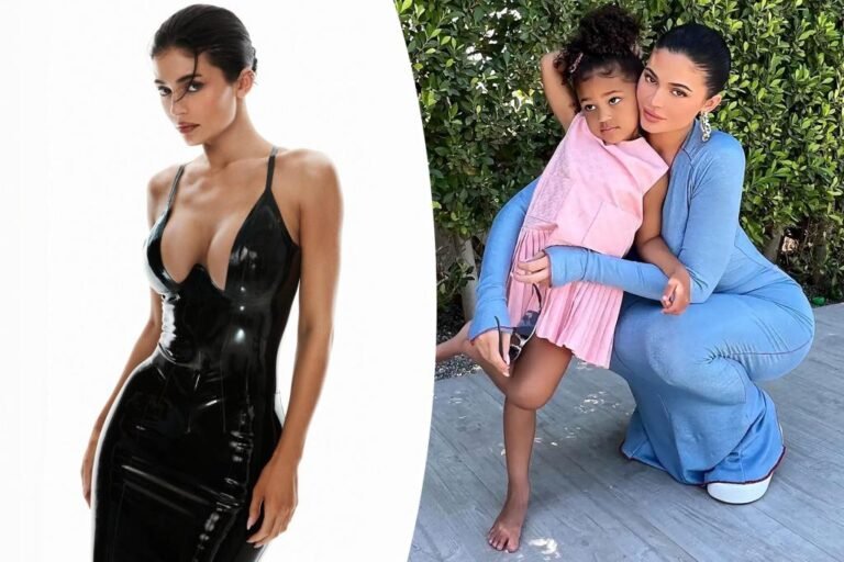 Kylie Jenner jokes she’d decide up her youngsters from faculty in wild curve-hugging latex gown