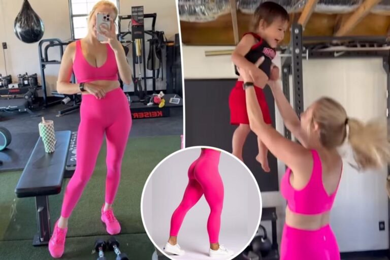 Brittany Mahomes hits the health club in neon pink sports activities bra and leggings