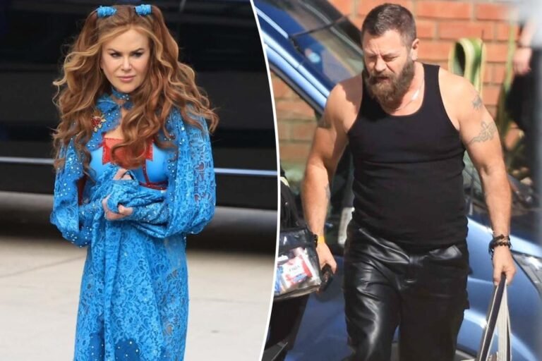 Pink-headed Nicole Kidman, buff Nick Offerman look almost unrecognizable on TV set