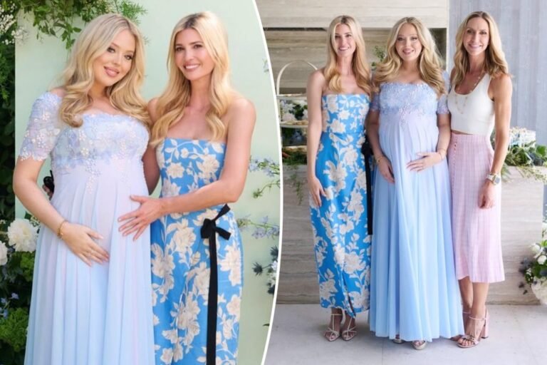 Ivanka Trump matches sister Tiffany in blue floral gown at her child bathe