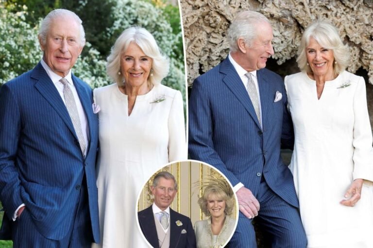 Queen Camilla marks twentieth anniversary with King Charles III in new gown by her marriage ceremony robe designer