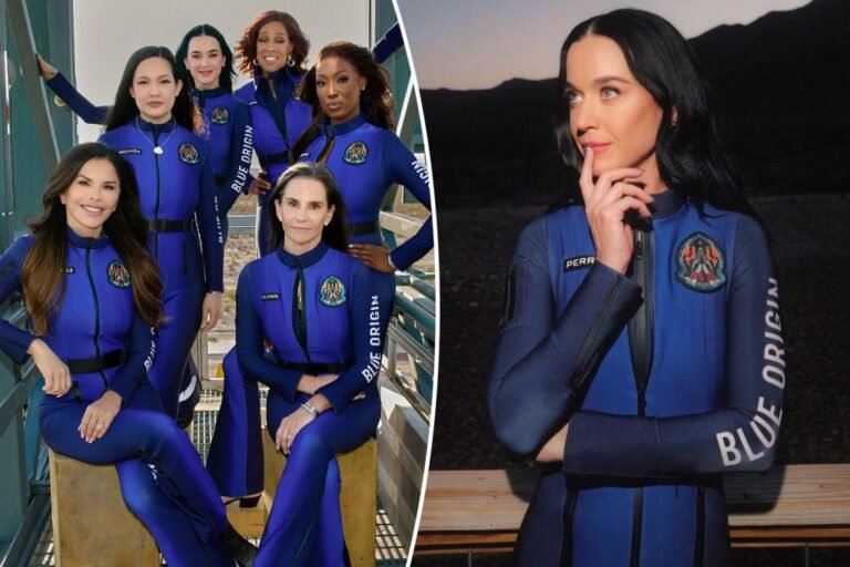 Katy Perry and Lauren Sánchez pose in glam body-hugging house fits forward of rocket launch