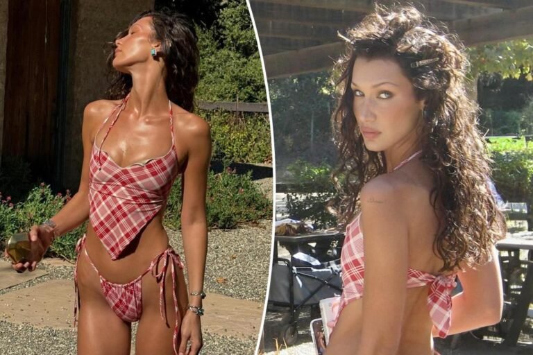 Bella Hadid soaks up the solar in a plaid string bikini Bella Hadid soaks up the solar in a plaid string bikini
