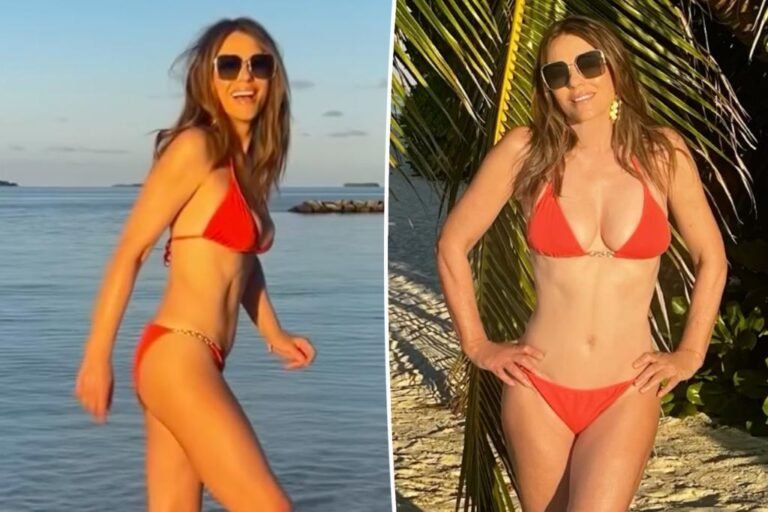 Elizabeth Hurley wears tiny pink bikini on trip