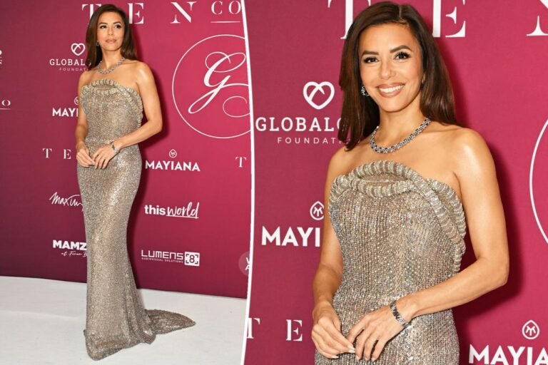 Eva Longoria rocks glowing silver beaded gown at World Present Gala in Geneva