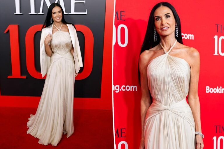 Demi Moore wears Hole Studio costume on Time100 Gala purple carpet