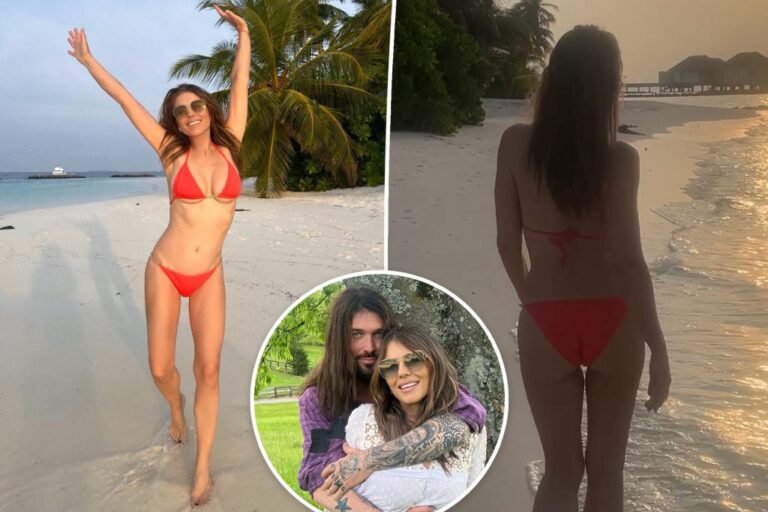 Elizabeth Hurley frolics in purple bikini after debuting Billy Ray Cyrus romance Elizabeth Hurley frolics in purple bikini after debuting Billy Ray Cyrus romance