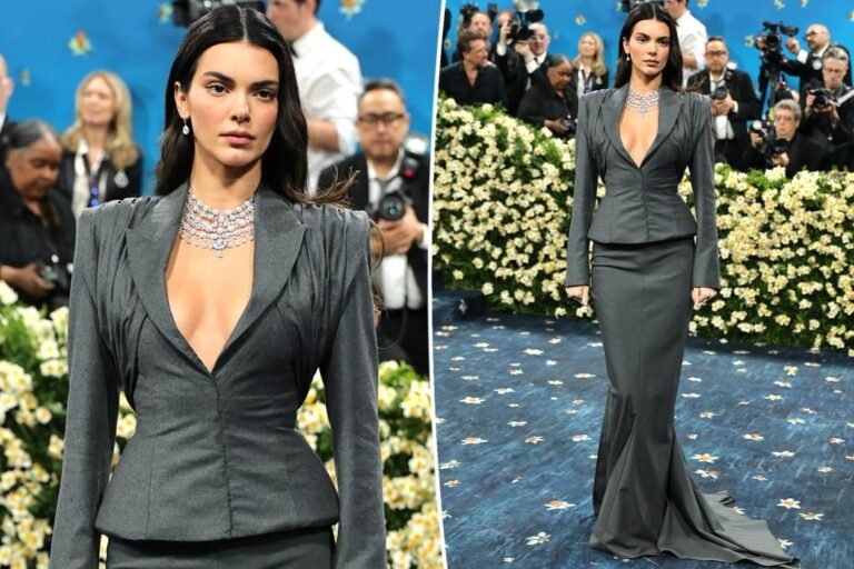 Kendall Jenner wears plunging skirt go well with and diamonds at Met Gala 2025 purple carpet