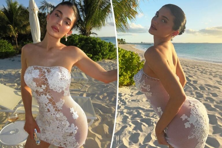 Kylie Jenner fashions doily-like white gown on the seashore