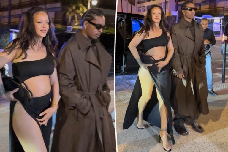 Rihanna bares child bump in barely-there black gown in Cannes
