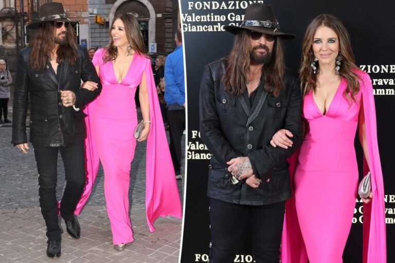 Elizabeth Hurley makes pink carpet debut with Billy Ray Cyrus in Barbie-pink robe