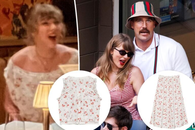 Store Taylor Swift’s floral Dôen outfit from her Florida date night time with Travis Kelce Store Taylor Swift’s floral Dôen outfit from her Florida date night time with Travis Kelce