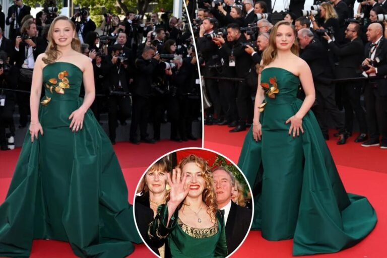 Mia Threapleton pays homage to mother Kate Winslet on the Cannes Movie Competition 2025 purple carpet