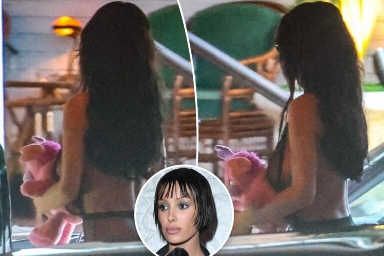 Bianca Censori shields her barely-there outfit with a teddy bear throughout LA outing