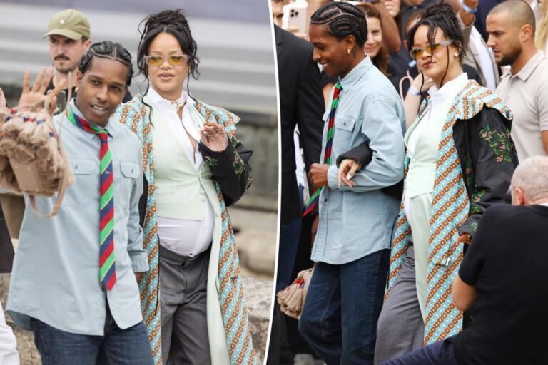 Pregnant Rihanna and A$AP Rocky coordinate outfits at Dior Homme trend present in Paris