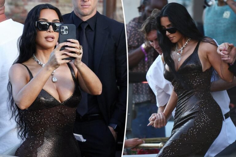 Kim Kardashian sports activities slinky robe and diamonds for Lauren Sánchez and Jeff Bezos’ wedding ceremony