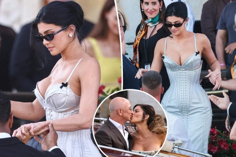 Kylie Jenner laces up in silver lingerie-inspired robe for Lauren Sánchez and Jeff Bezos’ marriage ceremony