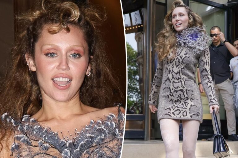 Miley Cyrus almost places all of it on show in Paris in feathers and leather-based