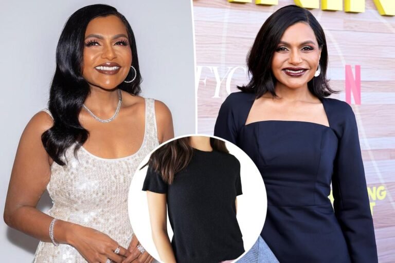 Mindy Kaling wears under- cashmere tee from Quince