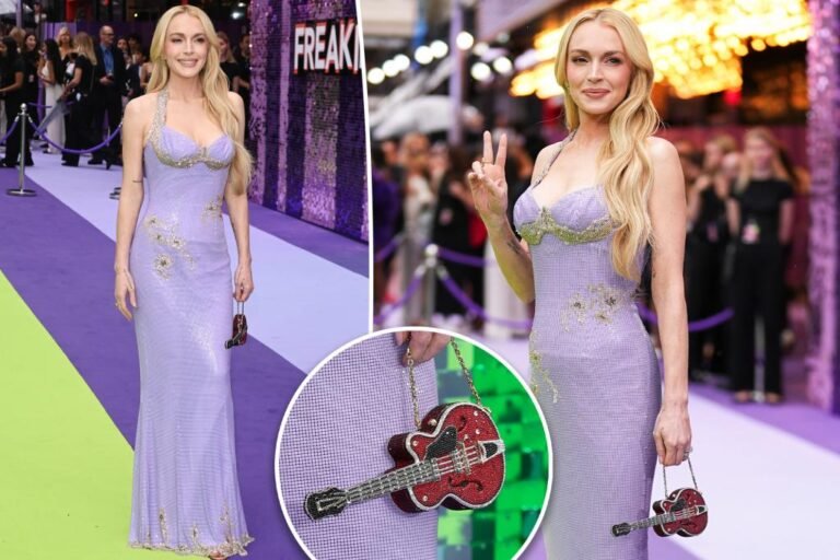 Lindsay Lohan rocks mini guitar purse on ‘Freakier Friday’ UK premiere pink carpet