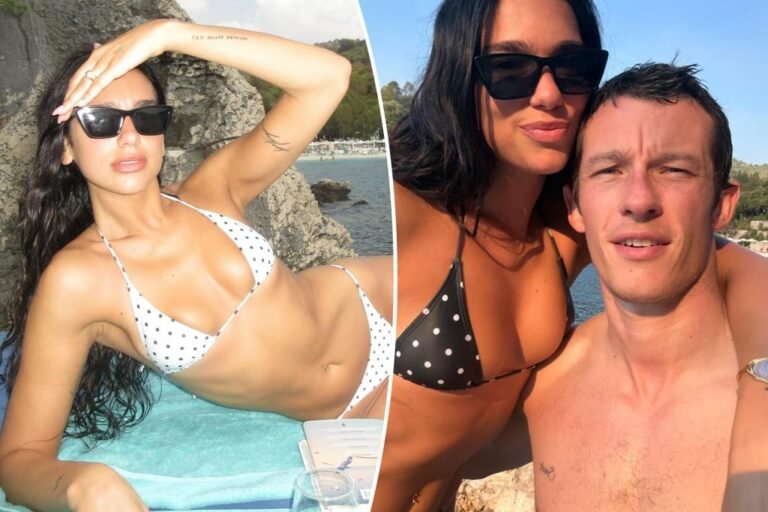 Dua Lipa poses in polka-dot bikini with fiancé Callum Turner