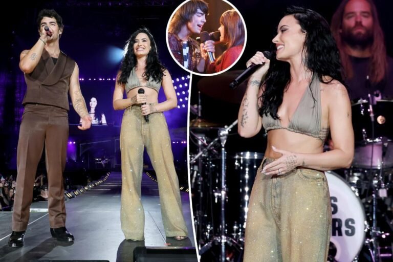Demi Lovato wears rhinestone-covered denims to carry out with the Jonas Brothers Demi Lovato wears rhinestone-covered denims to carry out with the Jonas Brothers