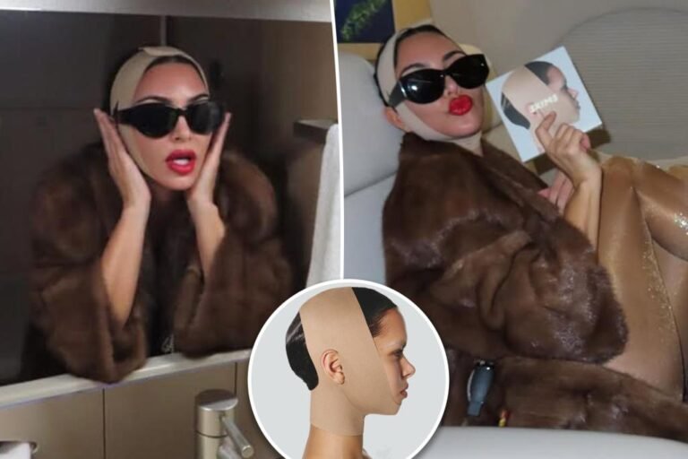 Kim Kardashian fashions her new Skims face wrap with tights and fur