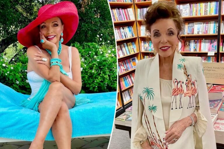 Joan Collins, 92, defies age in stylish white swimsuit on trip