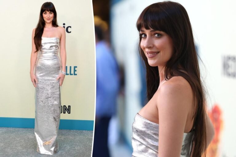 Dakota Johnson’s silver Gucci robe in comparison with aluminum foil