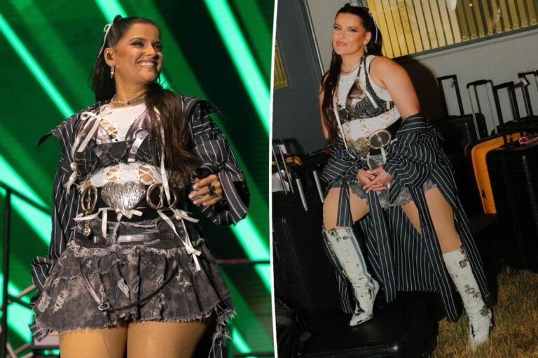 Nelly Furtado exhibits off curves in cutout prime, distressed miniskirt