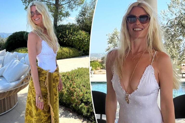 Claudia Schiffer, 55, lounges poolside in plunging Chloe swimsuit Claudia Schiffer, 55, lounges poolside in plunging Chloe swimsuit