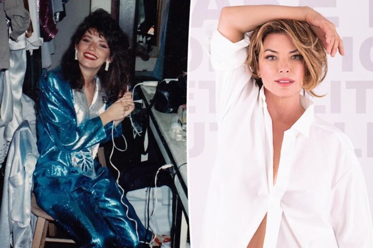 Shania Twain celebrates her sixtieth birthday in a white button-up shirt and black underwear