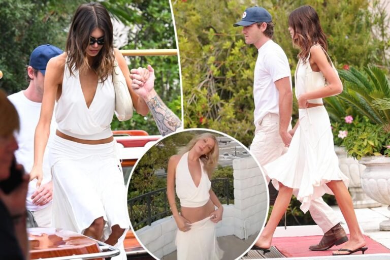 Kaia Gerber attends Venice Movie Competition skirt set additionally worn by Bella Hadid