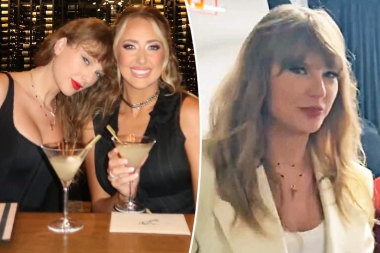 Taylor Swift wears her Tremendous Bowl ‘T’ necklace at Brittany Mahomes’ celebration