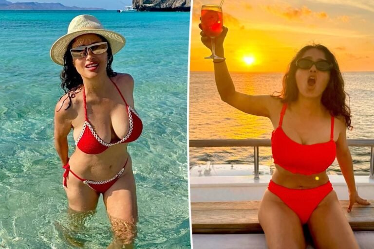 Salma Hayek wears a purple bikini to have fun her 59th birthday