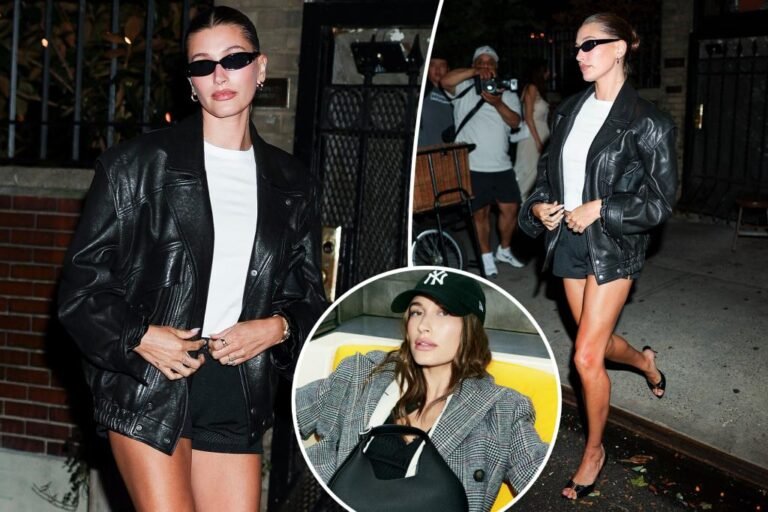 Hailey Bieber wears leather-based bomber and tiny mesh basketball shorts in NYC