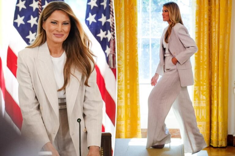 Melania Trump wears Max Mara go well with for White Home AI assembly