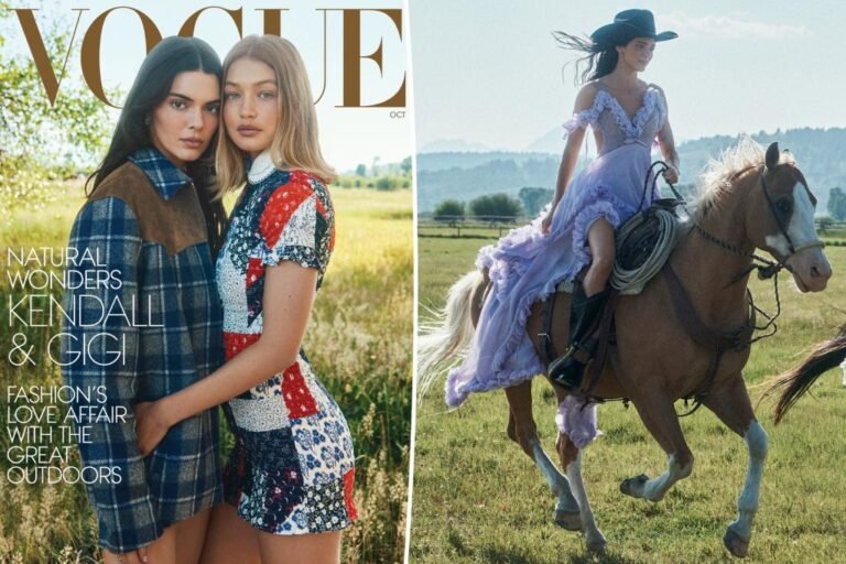 Gigi Hadid and Kendall Jenner mannequin robes on galloping horses for Vogue cowl shoot Gigi Hadid and Kendall Jenner mannequin robes on galloping horses for Vogue cowl shoot