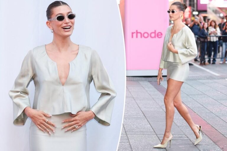 Hailey Bieber wears classic Donna Karan outfit for Rhode x Sephora launch