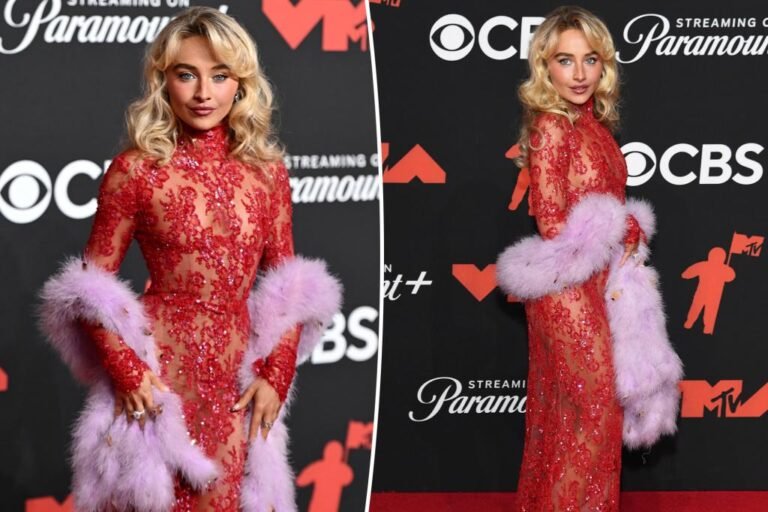 Sabrina Carpenter wears see-through robe on the VMAs 2025 pink carpet.